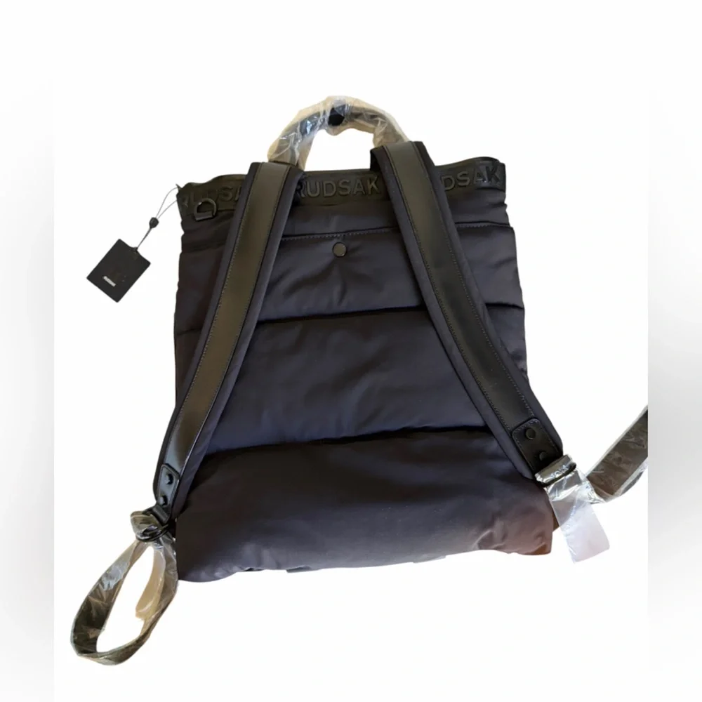 RUDSAK Black Quilted Puffer Logo Strap Backpack Minimalist Heirloom Luxury NWT